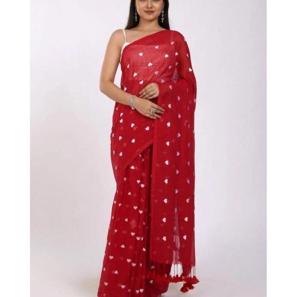 Women's Linen Printed Saree — Red · dWht