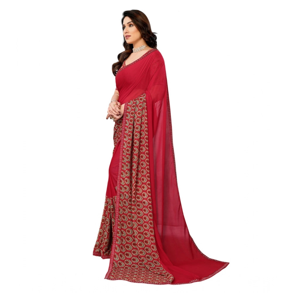 Women's Georgette Printed Saree — Red