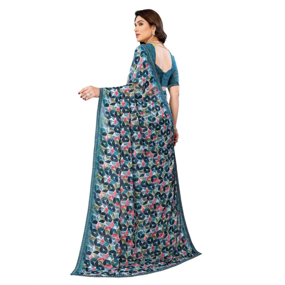 Women's Georgette Printed Saree — Sky Blue