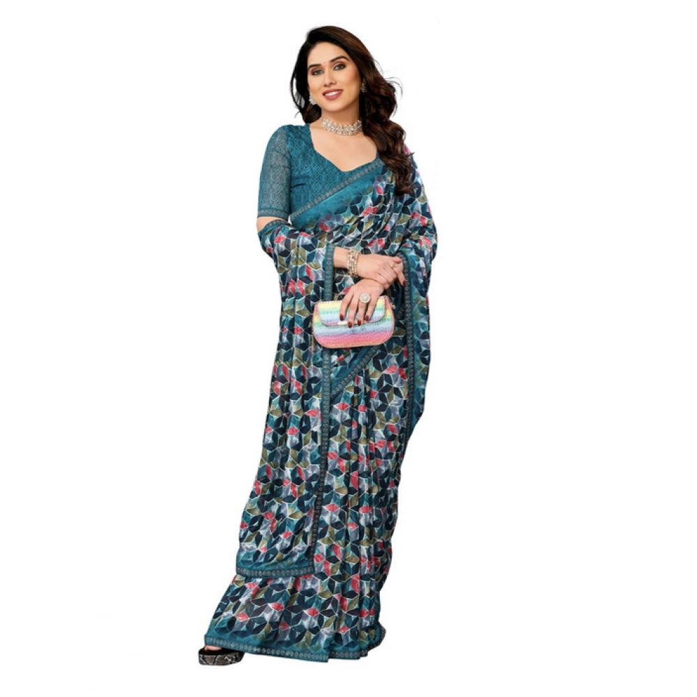 Women's Georgette Printed Saree — Sky Blue