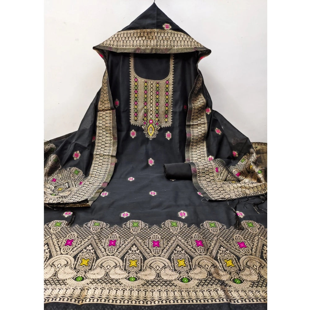 Women's Banarasi Silk Printed Unstitched Salwar Suit Material — Black · _Blk