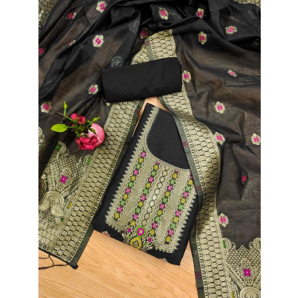 Women's Banarasi Silk Printed Unstitched Salwar Suit Material — Black · _Blk