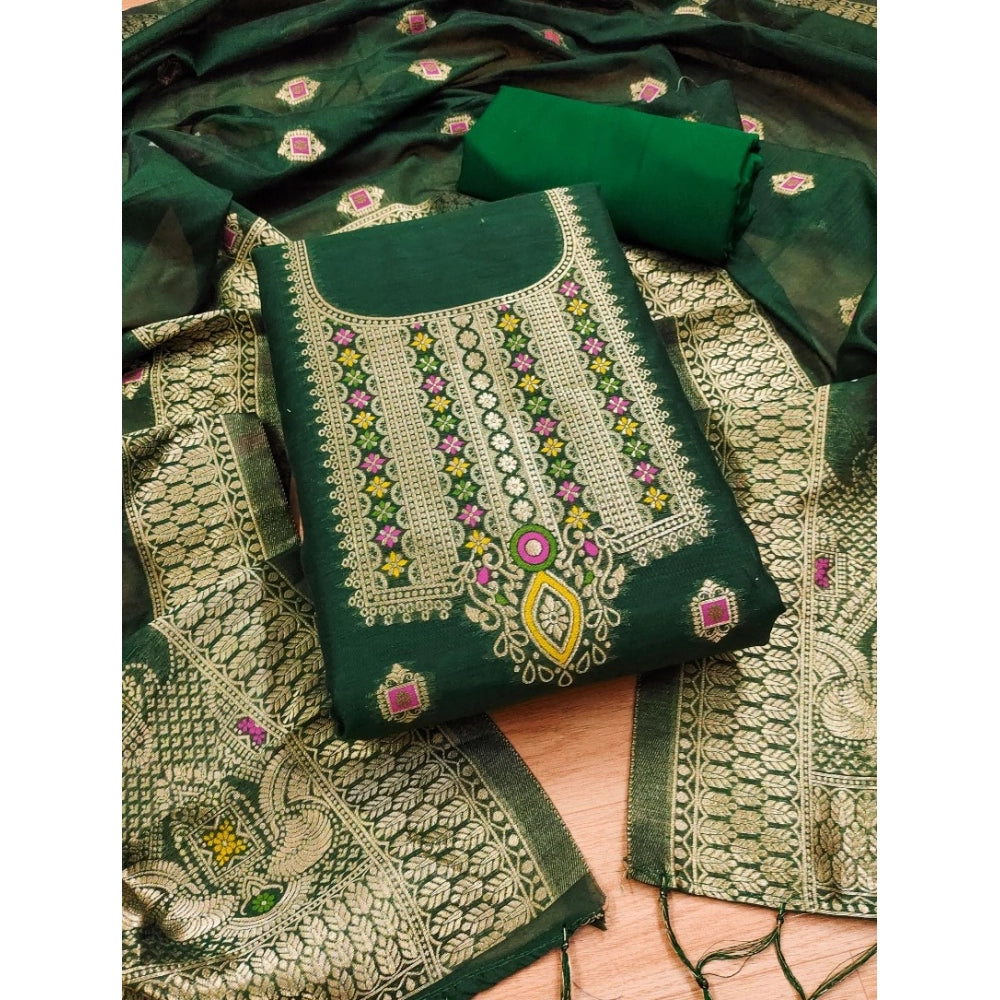 Women's Banarasi Silk Printed Unstitched Salwar Suit Material — Bottle Green · 5_BG