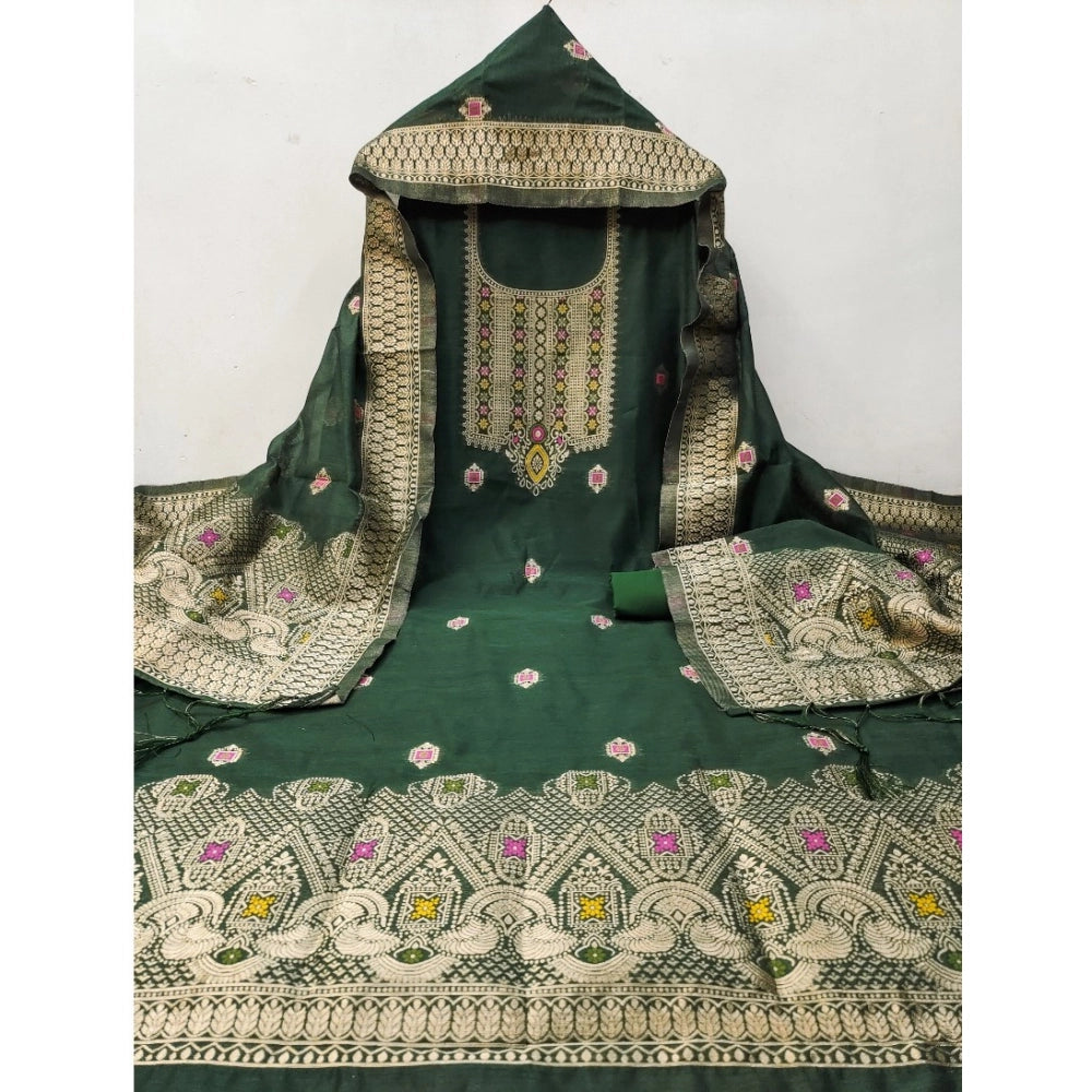 Women's Banarasi Silk Printed Unstitched Salwar Suit Material — Bottle Green · 5_BG
