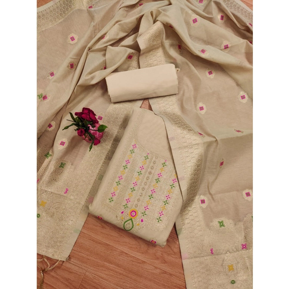 Women's Banarasi Silk Printed Unstitched Salwar Suit Material — Cream · _Crm