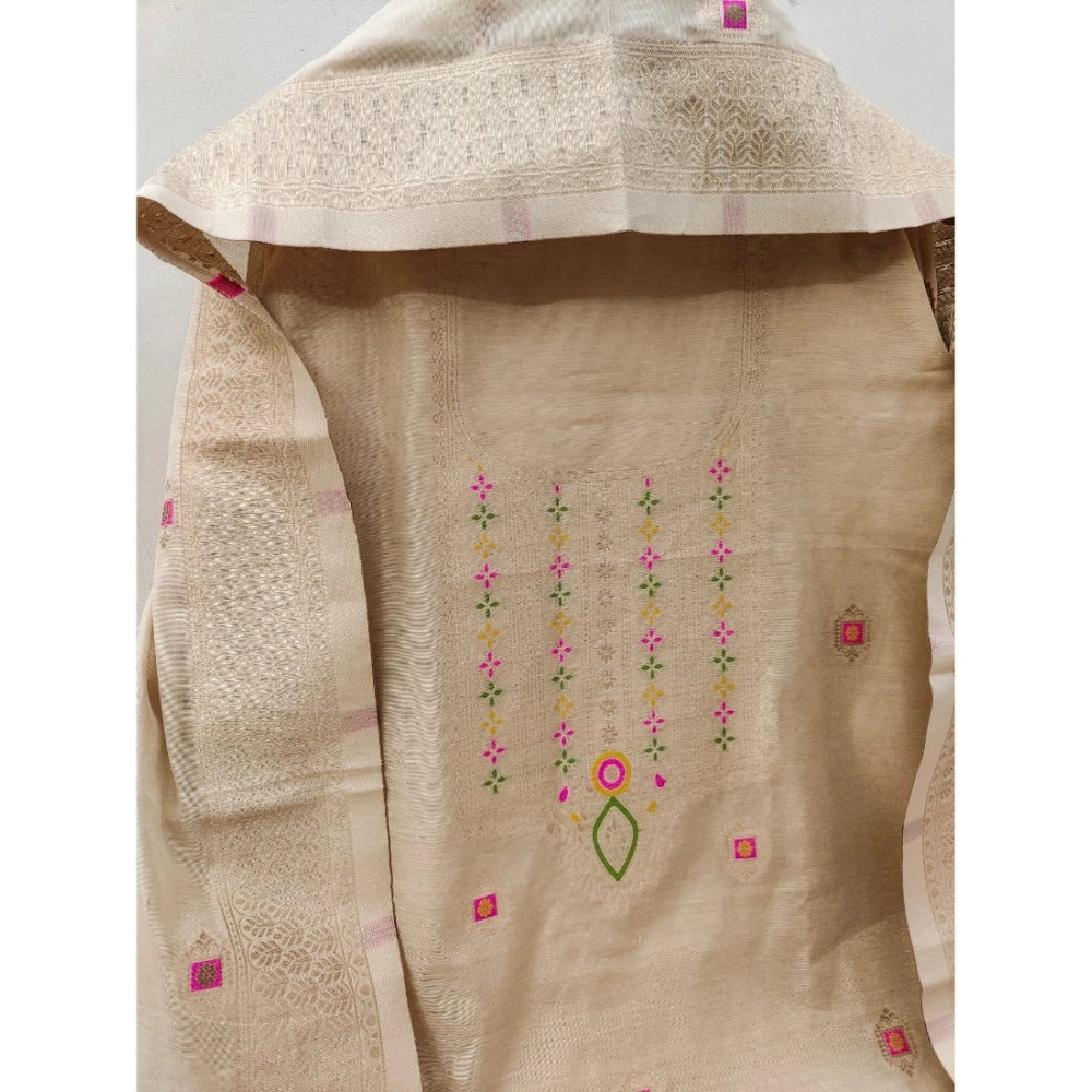 Women's Banarasi Silk Printed Unstitched Salwar Suit Material — Cream · _Crm