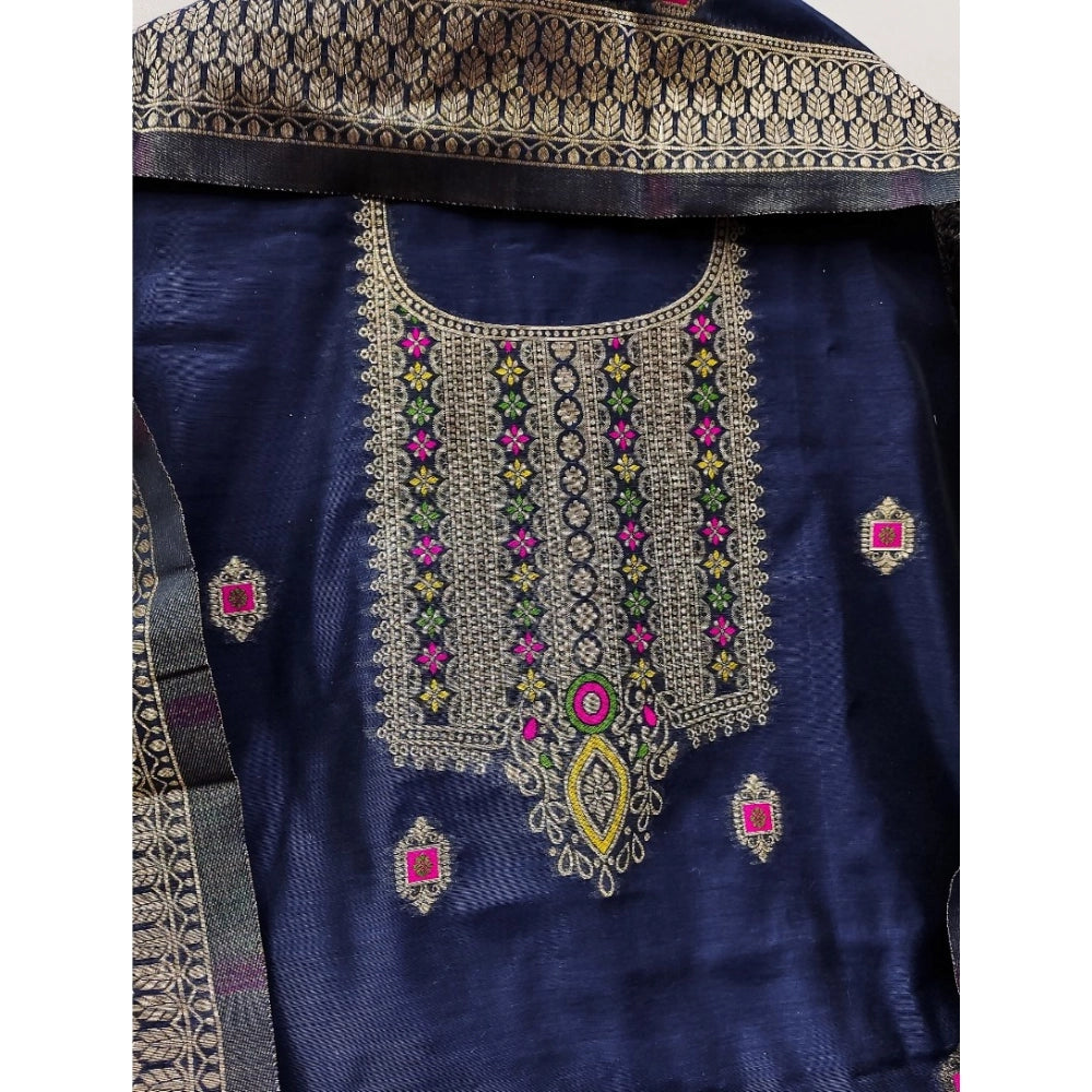 Women's Banarasi Silk Printed Unstitched Salwar Suit Material — Navy Blue · Nblu