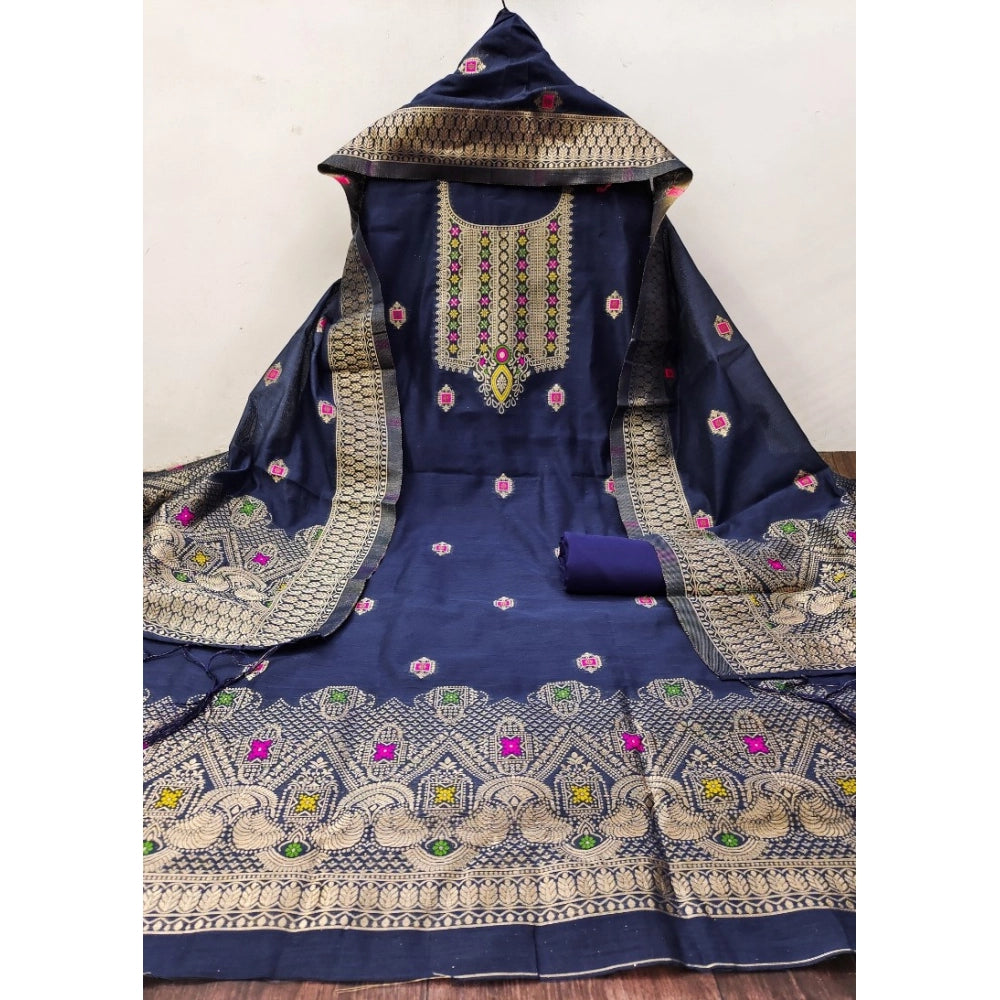 Women's Banarasi Silk Printed Unstitched Salwar Suit Material — Navy Blue · Nblu