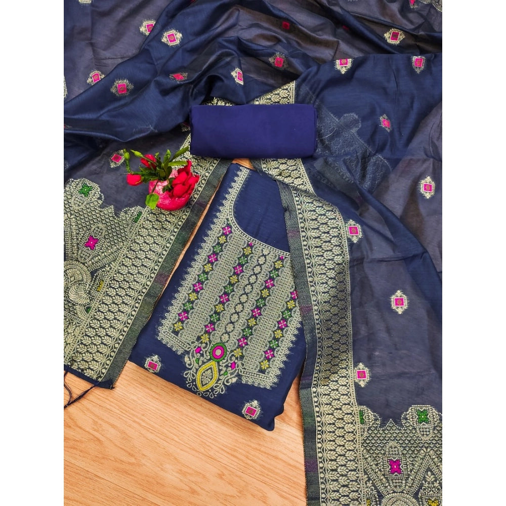 Women's Banarasi Silk Printed Unstitched Salwar Suit Material — Navy Blue · Nblu
