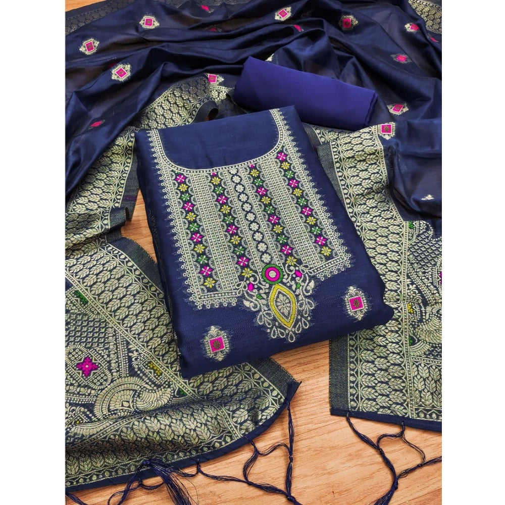 Women's Banarasi Silk Printed Unstitched Salwar Suit Material — Navy Blue · Nblu