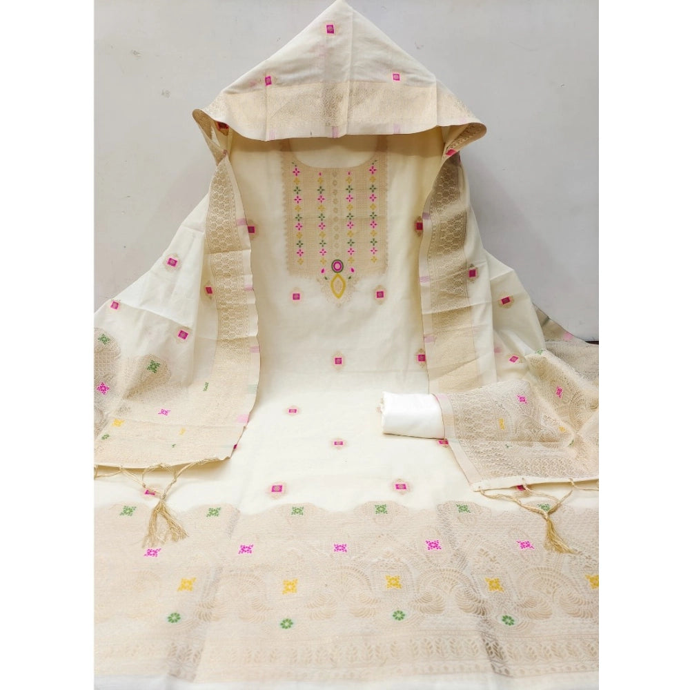 Women's Banarasi Silk Printed Unstitched Salwar Suit Material — White · _Wht