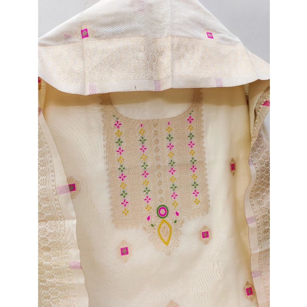 Women's Banarasi Silk Printed Unstitched Salwar Suit Material — White · _Wht