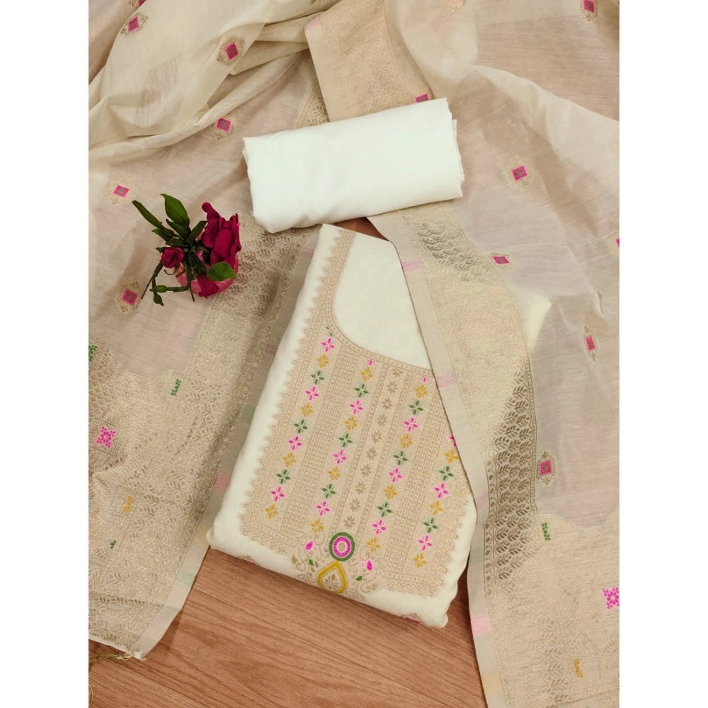Women's Banarasi Silk Printed Unstitched Salwar Suit Material — White · _Wht