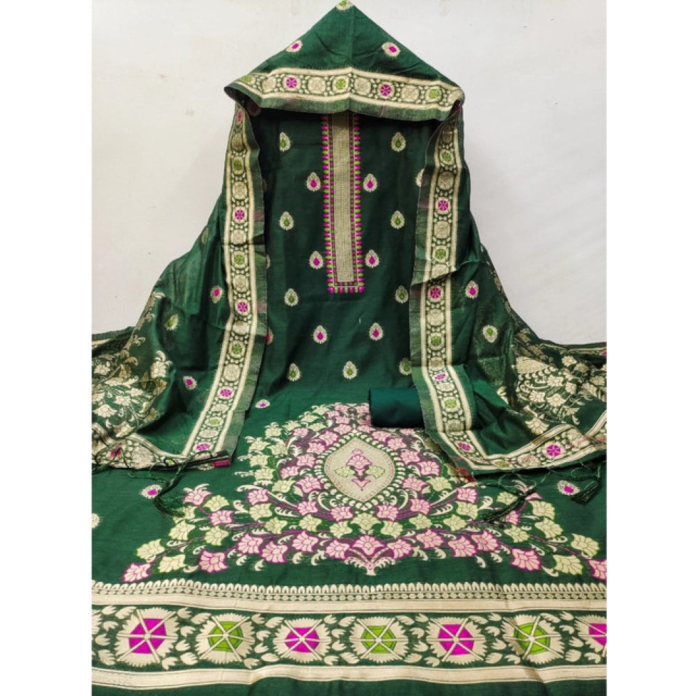 Women's Banarasi Silk Printed Unstitched Salwar Suit Material — Bottle Green · Gren