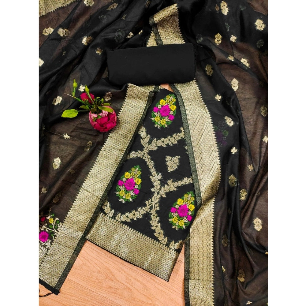 Women's Banarasi Silk Printed Unstitched Salwar Suit Material — Black · _Blk