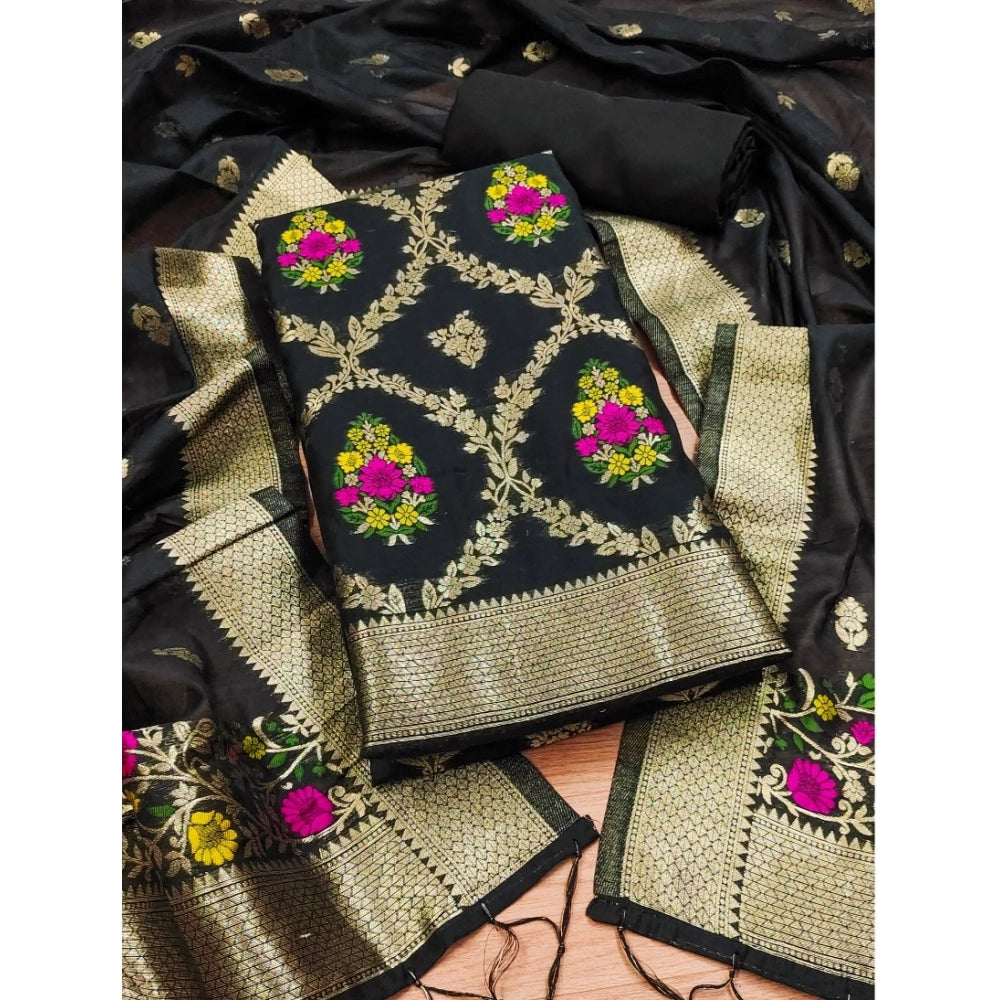 Women's Banarasi Silk Printed Unstitched Salwar Suit Material — Black · _Blk
