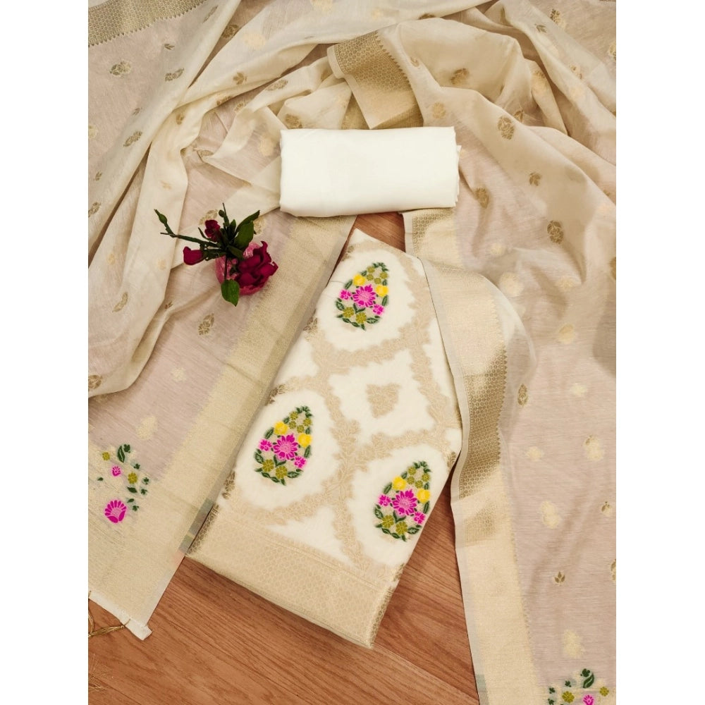 Women's Banarasi Silk Printed Unstitched Salwar Suit Material — White · _Wht