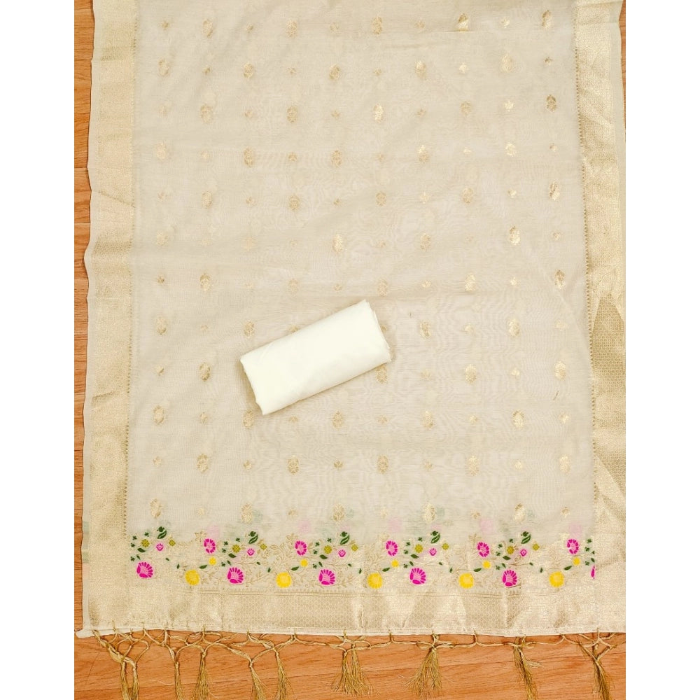 Women's Banarasi Silk Printed Unstitched Salwar Suit Material — White · _Wht