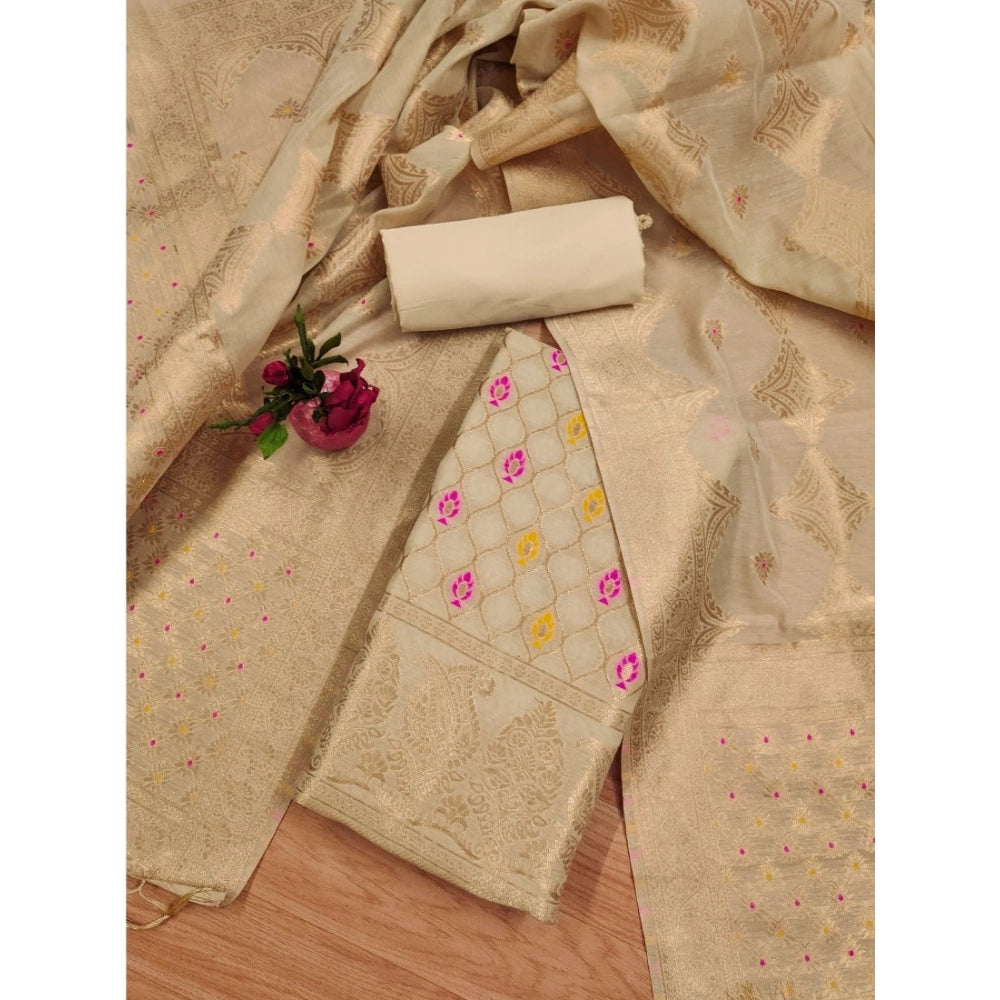 Women's Banarasi Silk Printed Unstitched Salwar Suit Material — Cream · Chku