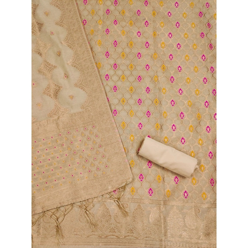 Women's Banarasi Silk Printed Unstitched Salwar Suit Material — Cream · Chku