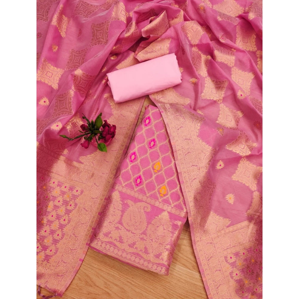 Women's Banarasi Silk Printed Unstitched Salwar Suit Material — Pink · _Pnk