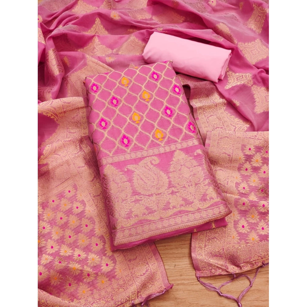 Women's Banarasi Silk Printed Unstitched Salwar Suit Material — Pink · _Pnk