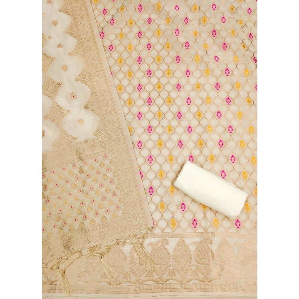 Women's Banarasi Silk Printed Unstitched Salwar Suit Material — White · _Wht