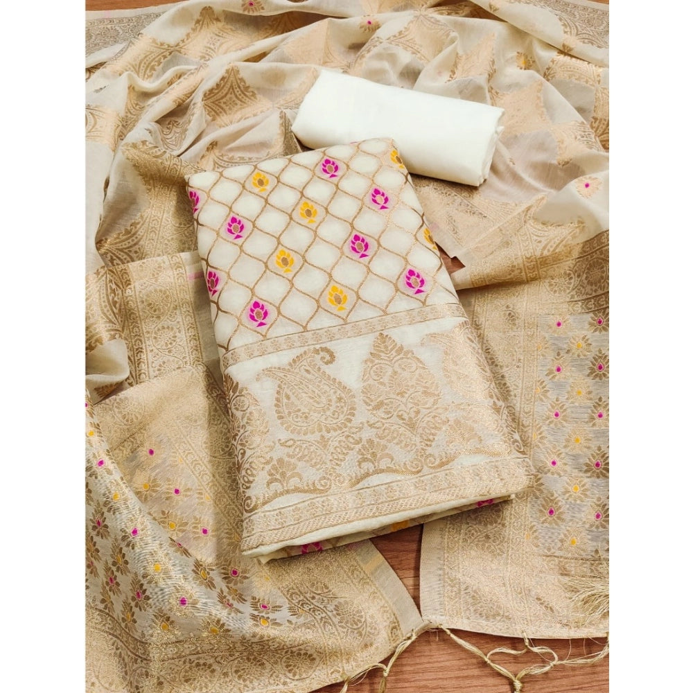 Women's Banarasi Silk Printed Unstitched Salwar Suit Material — White · _Wht