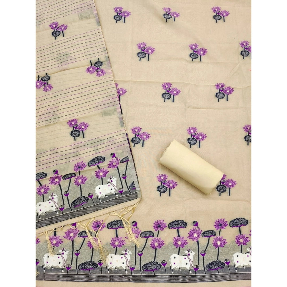 Women's Banarasi Silk Printed Unstitched Salwar Suit Material — Cream · Chku