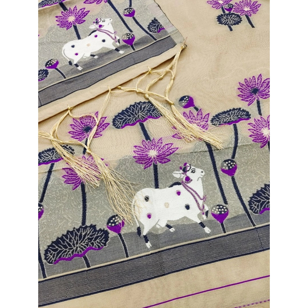 Women's Banarasi Silk Printed Unstitched Salwar Suit Material — Cream · Chku