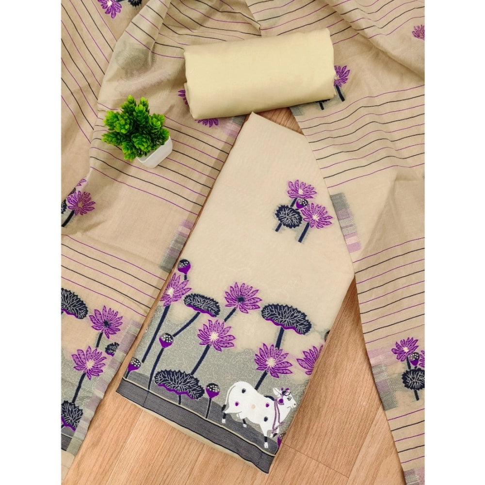 Women's Banarasi Silk Printed Unstitched Salwar Suit Material — Cream · Chku