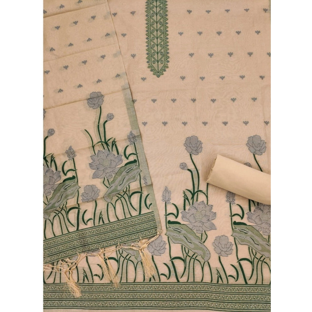 Women's Banarasi Silk Printed Unstitched Salwar Suit Material — Cream · Chku