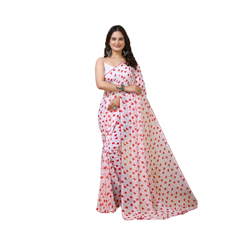 Women's Georgette Printed Saree — White-Red