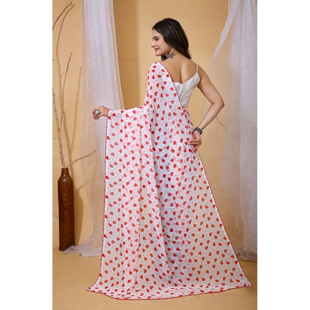 Women's Georgette Printed Saree — White-Red