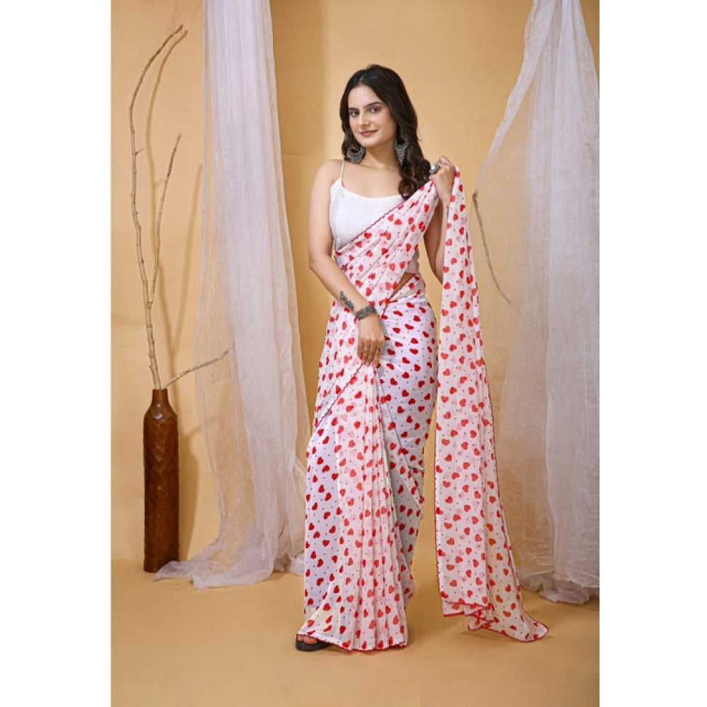 Women's Georgette Printed Saree — White-Red