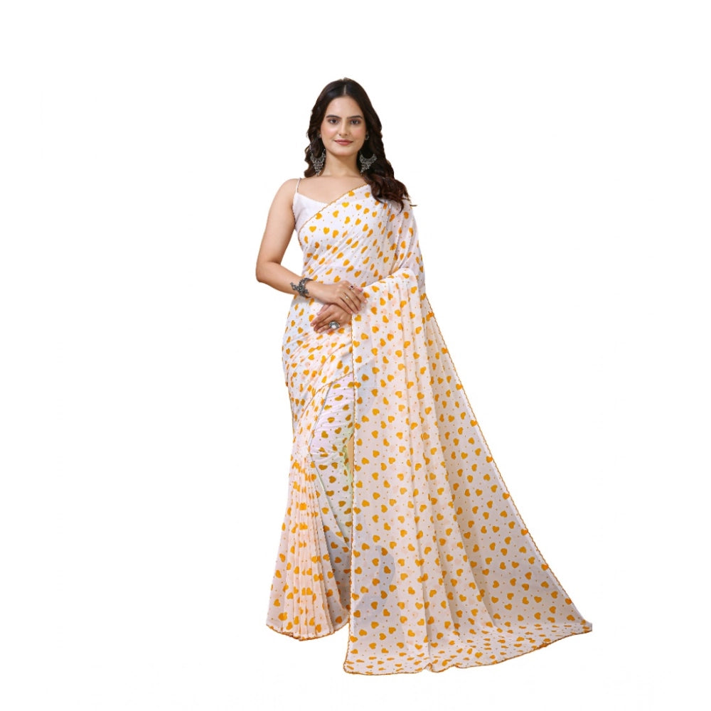 Women's Georgette Printed Saree — White-Yellow