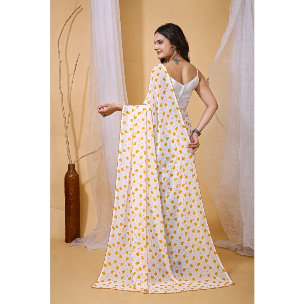 Women's Georgette Printed Saree — White-Yellow