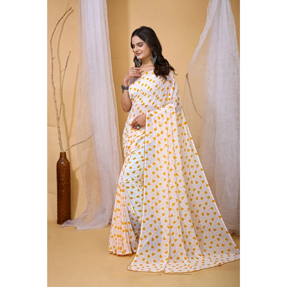 Women's Georgette Printed Saree — White-Yellow