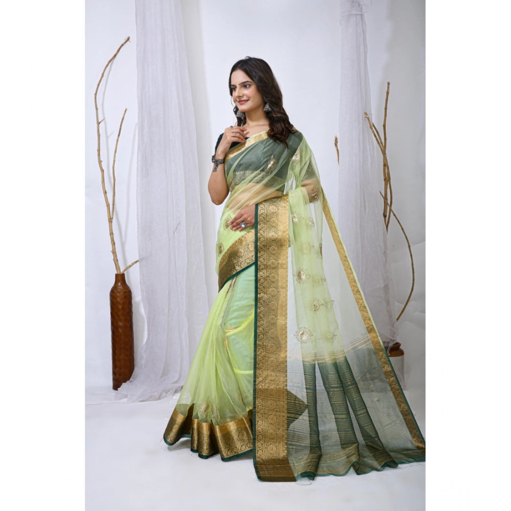 Women's Organza Jacquard Embellished Saree — Light Green