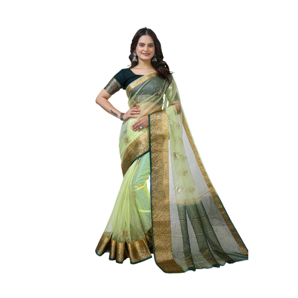 Women's Organza Jacquard Embellished Saree — Light Green