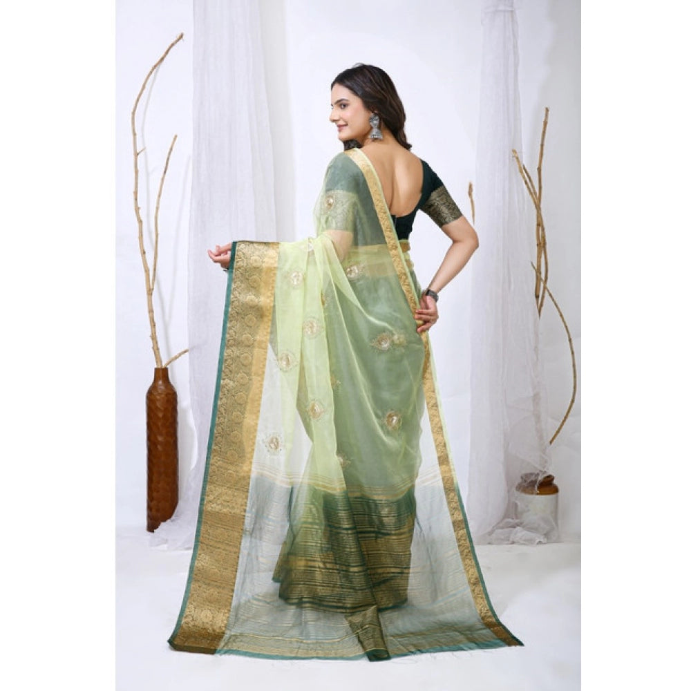 Women's Organza Jacquard Embellished Saree — Light Green