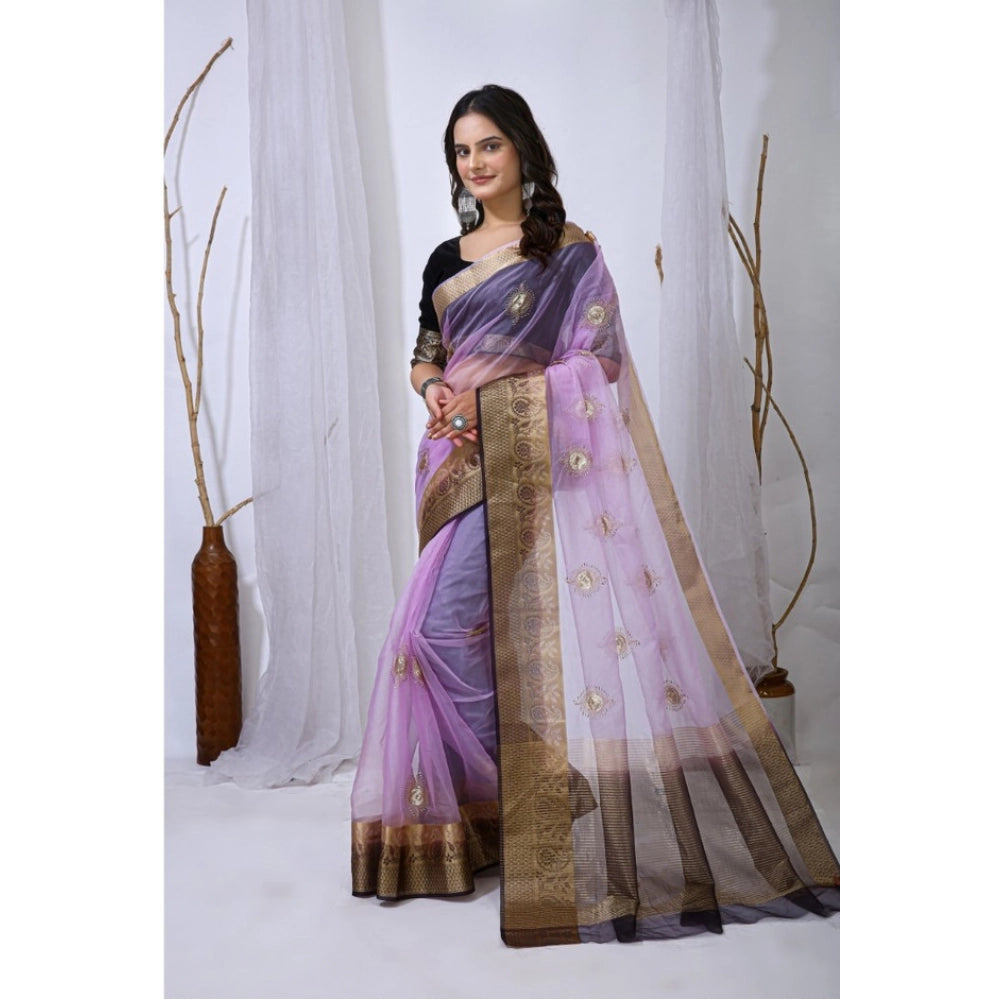 Women's Organza Jacquard Embellished Saree — Purple