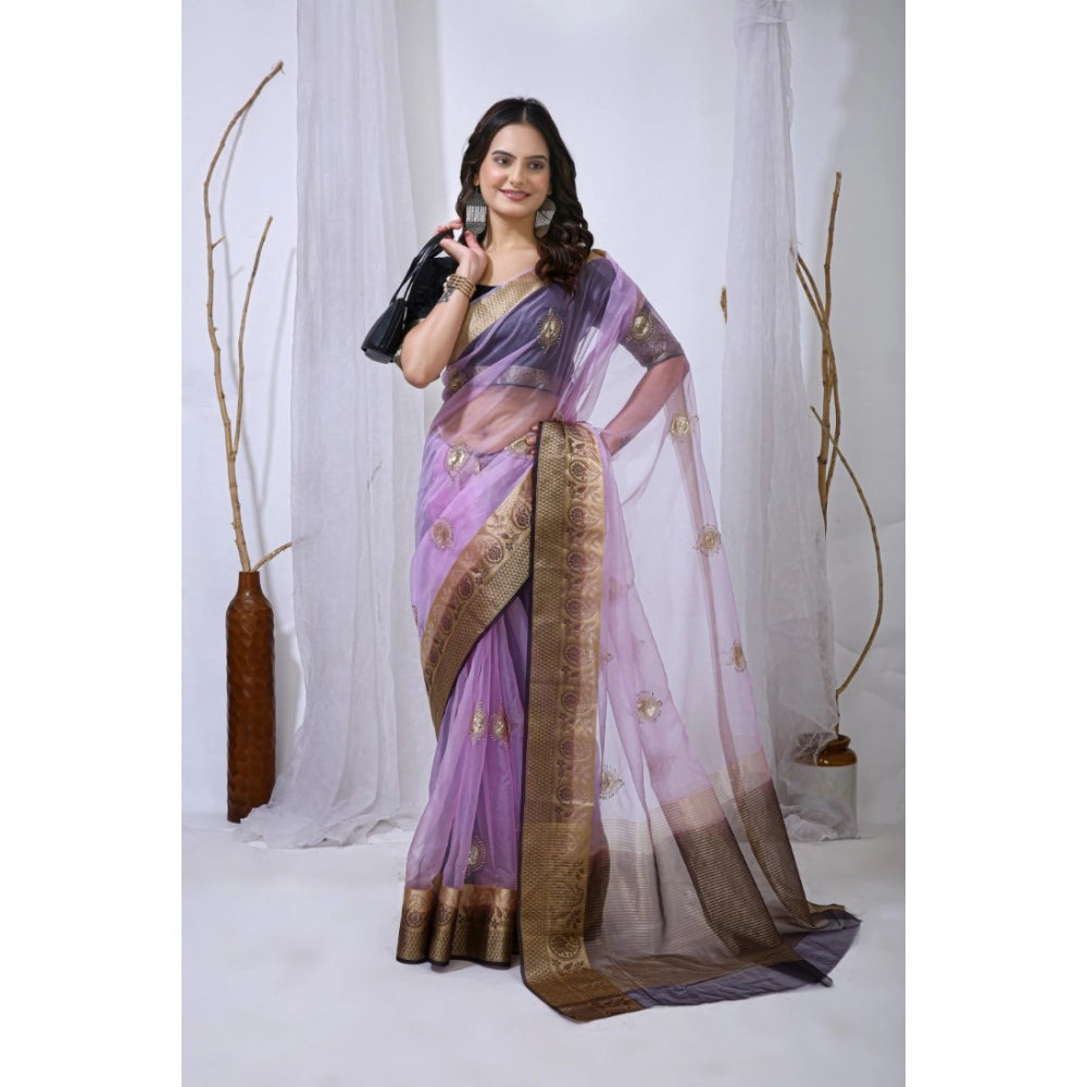 Women's Organza Jacquard Embellished Saree — Purple