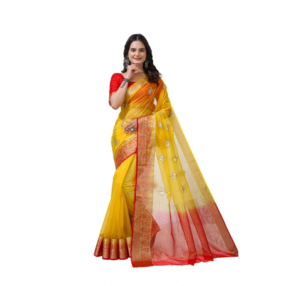 Women's Organza Jacquard Embellished Saree — Yellow