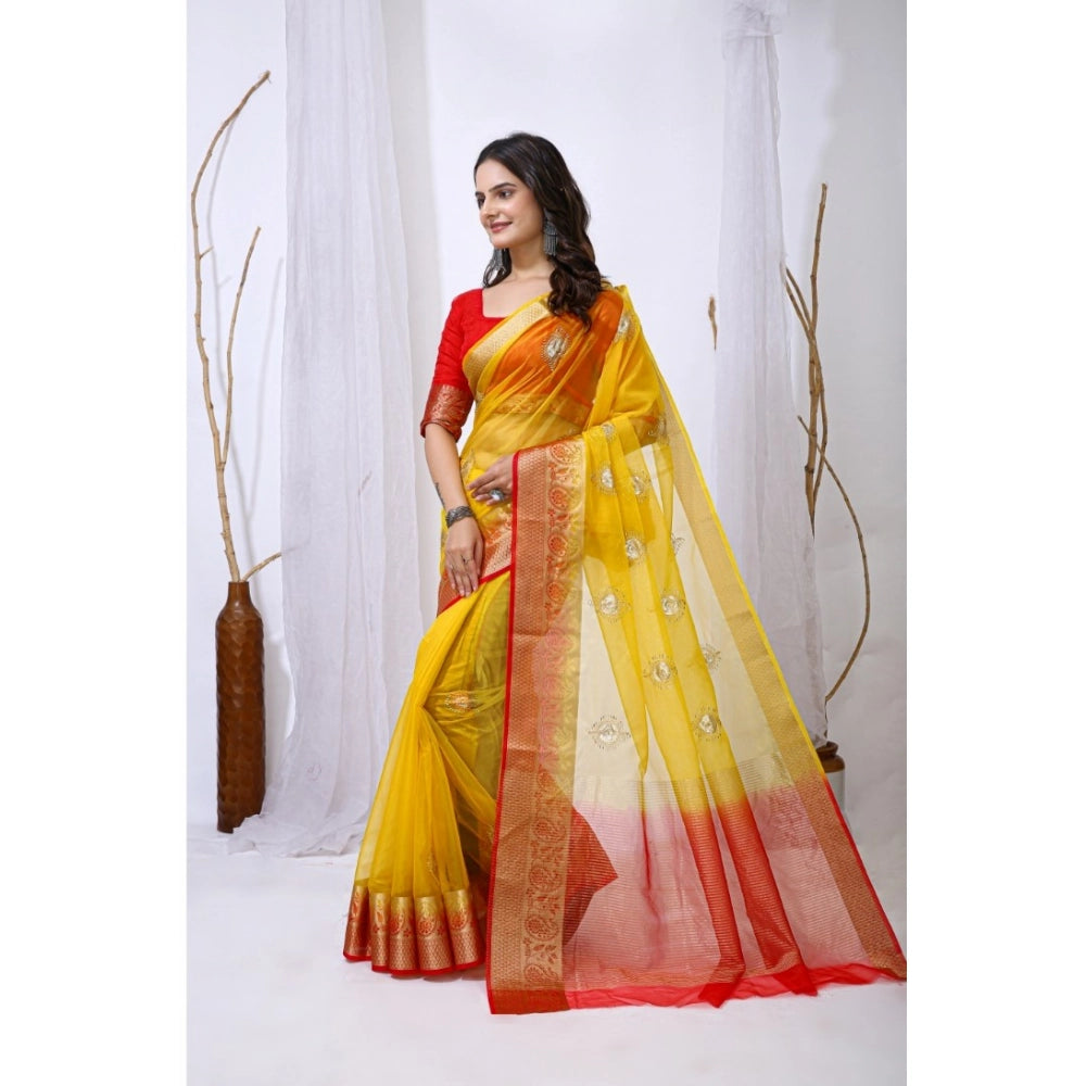 Women's Organza Jacquard Embellished Saree — Yellow