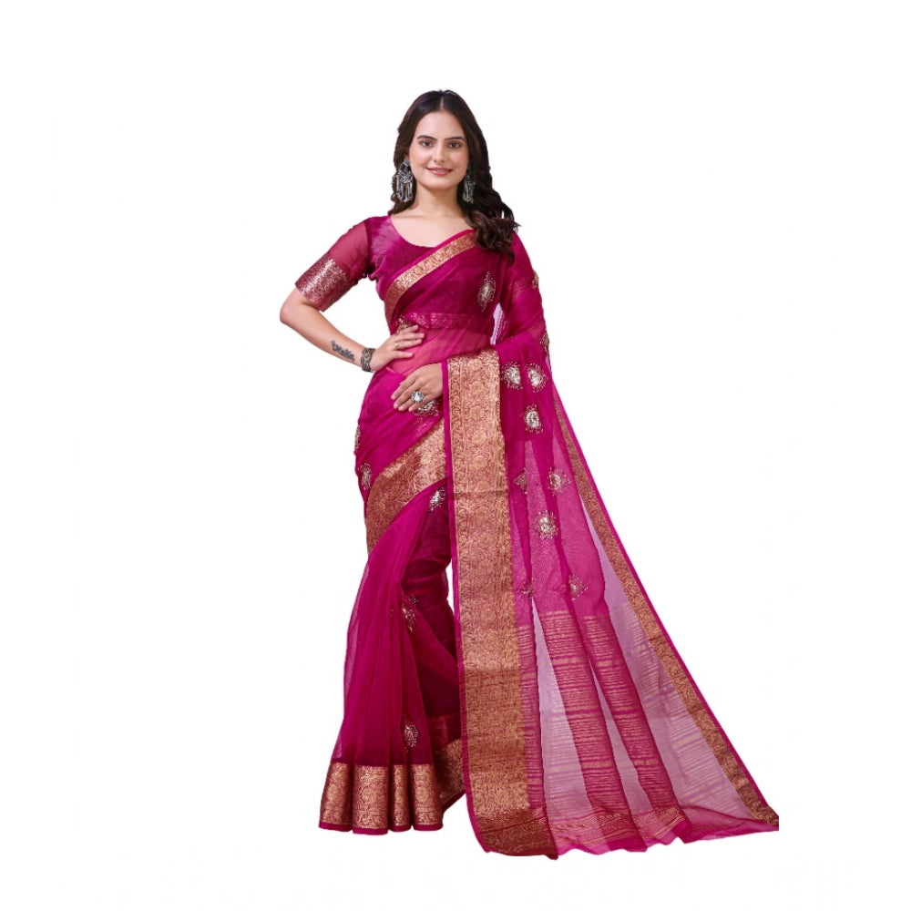 Women's Organza Jacquard Embellished Saree — Pink