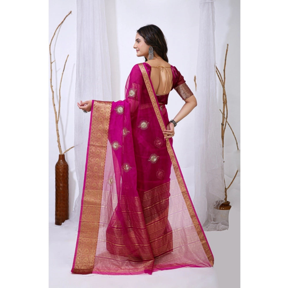 Women's Organza Jacquard Embellished Saree — Pink