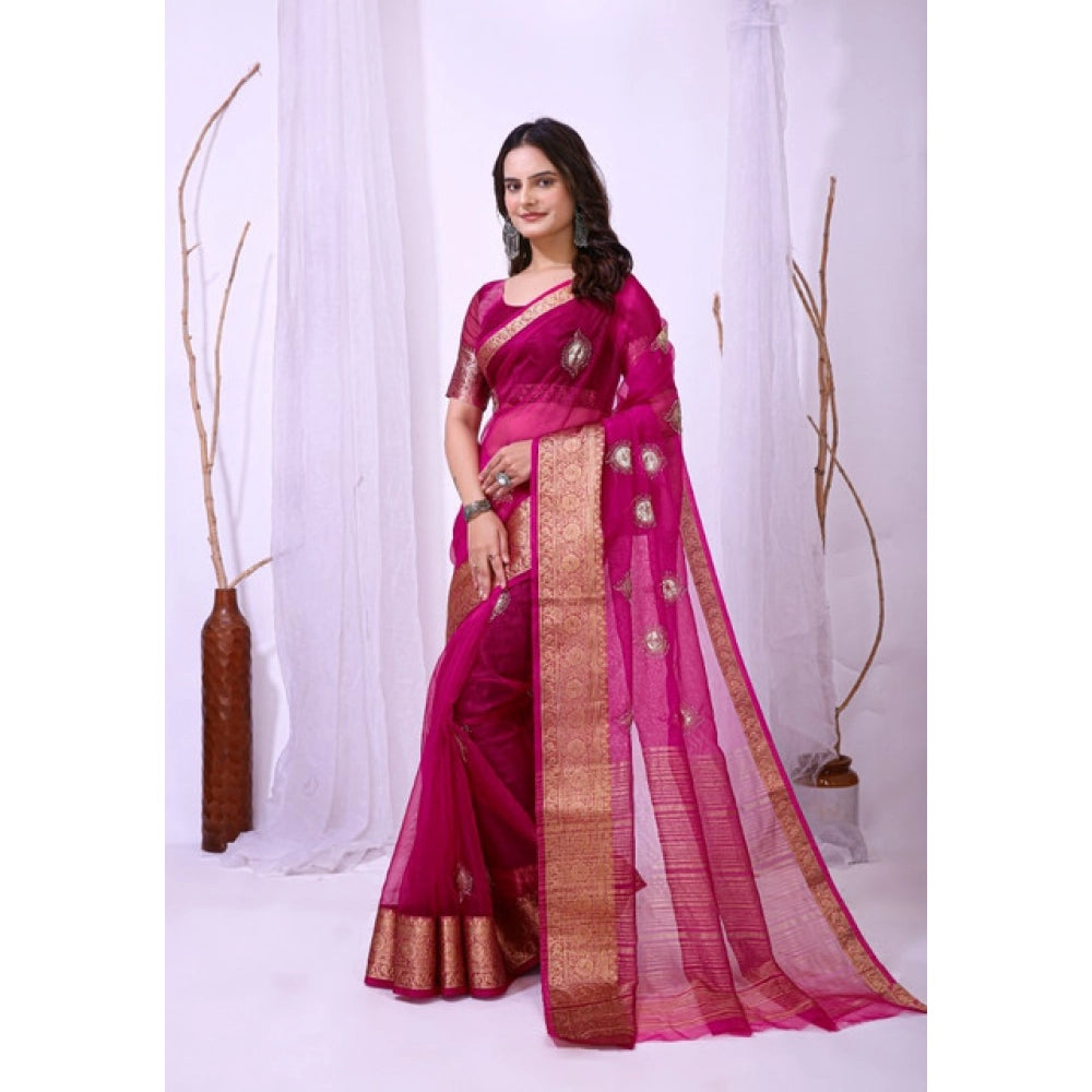 Women's Organza Jacquard Embellished Saree — Pink