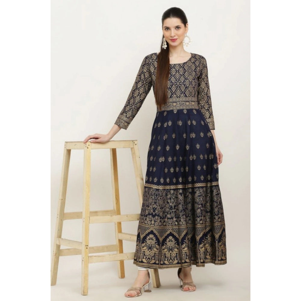 Women's Casual Rayon 3-4th Sleeves Anarkali Kurti — Blue
