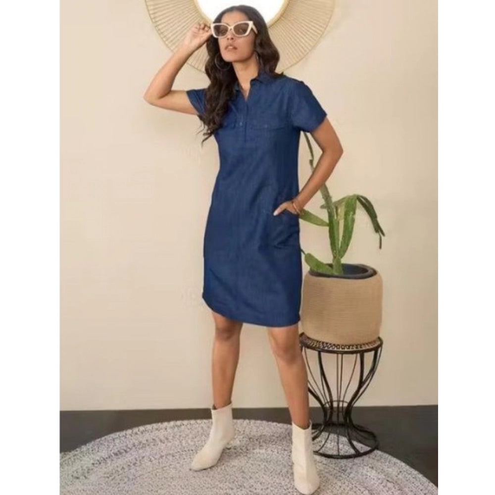 Women's Casual Denim Half Sleeves Dress — Blue · 37_L